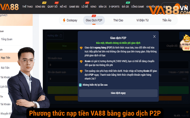 Phương thức nạp tiền VA88 bằng giao dịch P2P