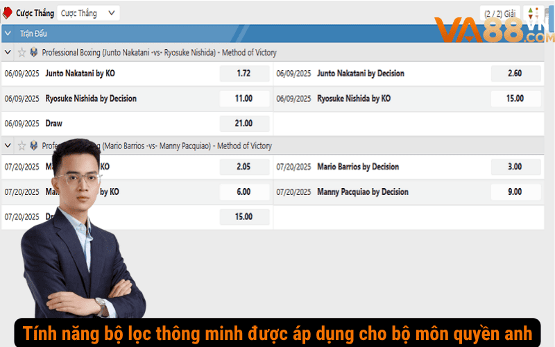 Tính năng bộ lọc thông minh được áp dụng cho bộ môn quyền anh